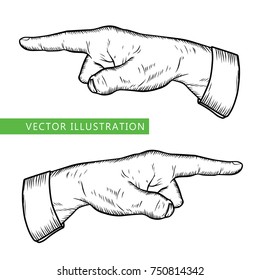 Male finger way pointer. Vector black line art vintage engraved illustration isolated on a white background. Hand wrist sign for web design and ads