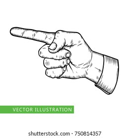 Male finger way pointer. Vector black line vintage engraved illustration isolated on a white background. Hand wrist sign for web design and ads