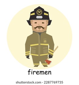 Male firefighter, character, avatar, portrait. Profession illustration in flat cartoon style, vector