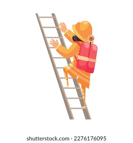 Male firefighter climbing ladder flat vector illustration