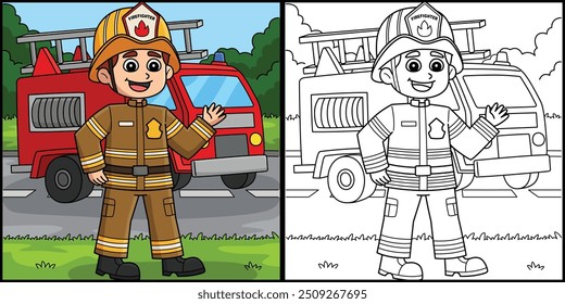 Male Firefighter Coloring Page Illustration