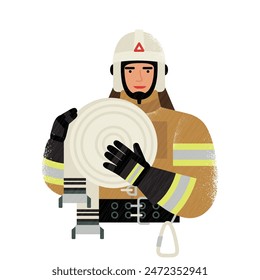 bombero masculino en traje de combate con manga de fuego aislado sobre fondo blanco. patrón plano con textura. Ilustración vectorial de stock. EPS 10.