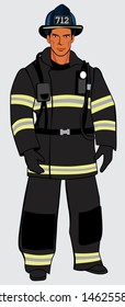 Male firefighter in dark uniform. Full-length figure. Vector full color graphics