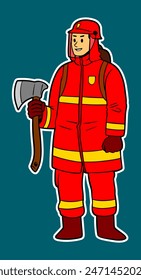 Male Firefighter Doodle Sticker Illustration