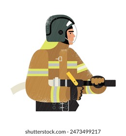 bombero masculino con un cañón de fuego de mano en un casco aislado sobre un fondo blanco. patrón plano con textura. Ilustración vectorial de stock. EPS 10.