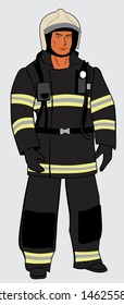 Male firefighter in helmet. Full-length figure. Vector full color graphics