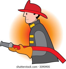 Male firefighter holding a fire hose and wearing a helmet