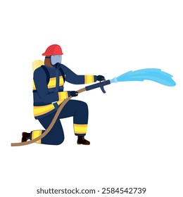 Male firefighter with hose water stream fireman emergency work vector flat illustration. Man in fire protective outfit uniform helmet and face glass safety rescue brave job occupation