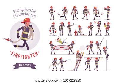 Male firefighter ready-to-use character set. Professional fireman in uniform, fire department rescuer full length, different views, gestures, emotions, front, rear view. Emergency services job concept