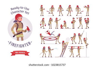 Male firefighter ready-to-use character set. Professional fireman in uniform, fire department rescuer full length, different views, gestures, emotions, front, rear view. Emergency services job concept