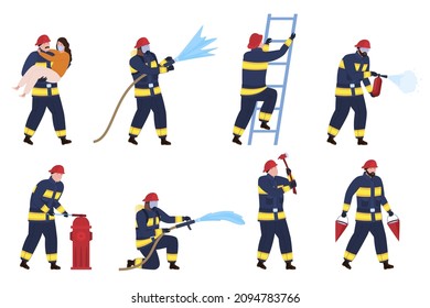 Male firefighters characters set vector flat illustration. Fireman emergency safety actions carrying victim, hose, climbing on stairs, use fire extinguisher, bucket and ax, plumbing column isolated