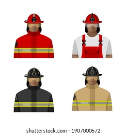 Male firefighters in uniform and helmet in different colors. Isolated color image. Vector illustration