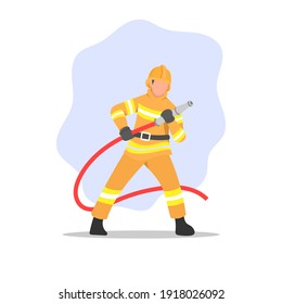 Male fireman holding hose. Firefighter in action. Fire extinguisher. Emergency service worker or employee. Dangerous job. Professional career. Man in uniform. Flat vector character illustration.