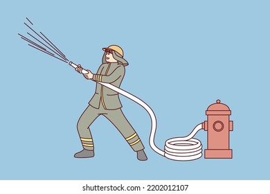 Männlicher Feuerwehrmann mit Schlauch, der Wasser auf brennendem Gebäude oder Haus gießt. Mann Feuerwehrmann in Uniform, der auf der Notaufnahme arbeitet. Feuerbekämpfungskonzept. Vektorgrafik. 