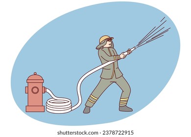 Bombero macho con manguera vertiendo agua en un edificio o casa en llamas. Hombre bombero con uniforme trabajando en el lugar de emergencia. Concepto de extinción de incendios. Ilustración vectorial.