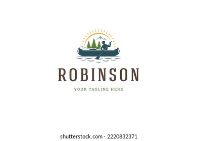 Male fisher floating boat with paddle forest mountain sun beam arch landscape vintage logo design template vector illustration. Active man summer hobby camping leisure activity scenery label mark