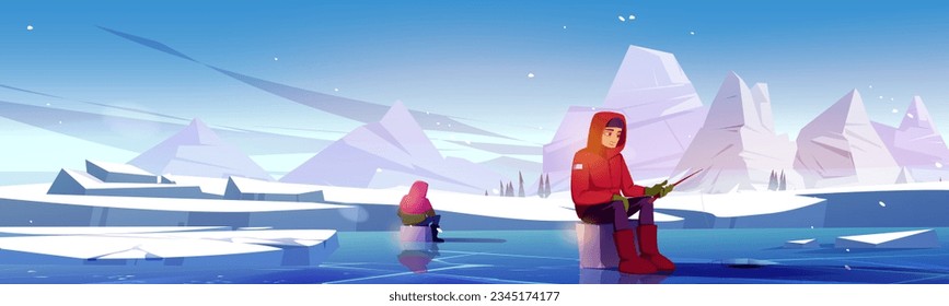 Male fisher sitting on frozen lake with rod. Vector cartoon illustration of fishermen in warm clothes and boots fishing, waiting to catch fish in ice hole, snowy mountain background, outdoor activity