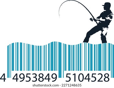 Male fisherman with a fishing rod in his hands and a strip code with waves. Design for sport fishing