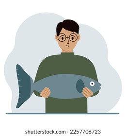 A male fisherman holds a large fish, proud of good fishing or hunting. Hobby, fishing concept. Vector flat illustration