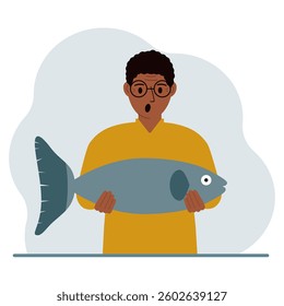 A male fisherman holds a large fish, proud of good fishing or hunting. Hobby, fishing concept. Vector flat illustration