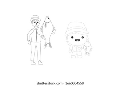 Male Fisherman Occupation Vector Outline Illustration