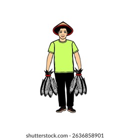 male fisherman standing with sea fish vector illustration