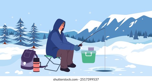 Männlicher Fischer in warmer Jacke sitzt auf Klappstuhl mit Angelrute, um Fisch im Loch im Eis zu fangen, Mann wartet Cartoon Vektorgrafik. Winterangeln in gefrorener Bergsee-Landschaft