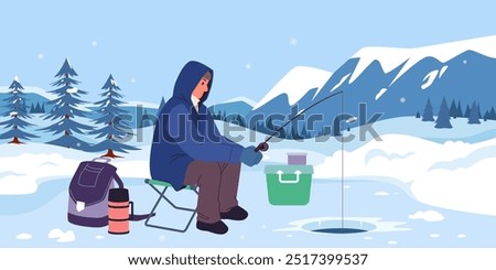 Male fisherman in warm jacket sitting on folding chair with fishing rod to catch fish in hole in ice, man waiting cartoon vector illustration. Winter fishing in frozen mountain lake landscape