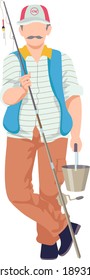 Male fishing hobby, character hold rod, man wear special fisherman costume cartoon vector illustration, isolated on white. Concept favorite pastime, fisher in hat with moustache spend time.