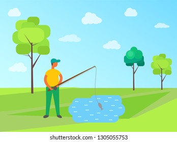 Male fishing in lake, vector fisher catching fish on green lawn, trees and blue sky on backdrop. Male in cap with fishery rod, summer hobby sport activity