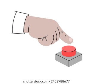 Male fist pressing forcefully with a finger on a big red button. Vector illustration