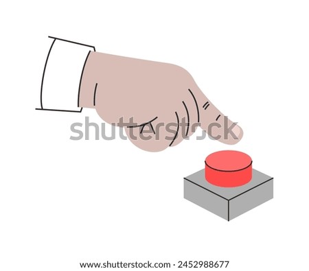 Male fist pressing forcefully with a finger on a big red button. Vector illustration