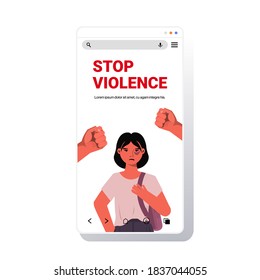 male fists over scared terrified woman stop family violence aggression concept smartphone screen copy space vector illustration