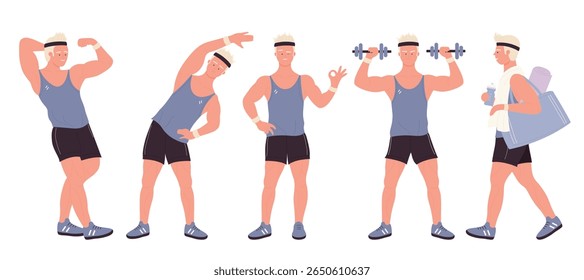 Male fitness trainer demonstrating various workout poses and gym activities for exercise, stretching, and strength training, perfect for fitness guides and health content isolated on white background
