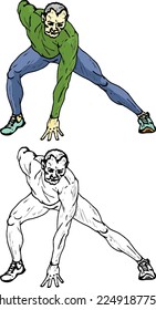 Male fitness trainer performing the side straddle lunge exercise routine, isolated against white. Hand drawn vector illustration.