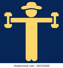 Male Fitness vector icon. Style is flat symbol, yellow color, rounded angles, blue background.