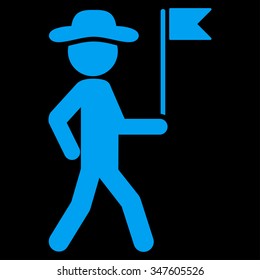 Male Flag Guide vector icon. Style is flat symbol, blue color, rounded angles, black background.