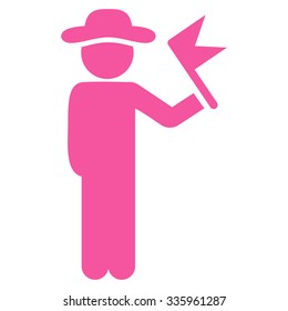 Male With Flag vector icon. Style is flat symbol, pink color, rounded angles, white background.