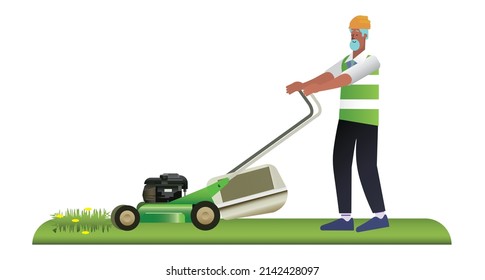 Male flat character of gardener mowing grass. Backyard landscaping concept, vector illustration on white background