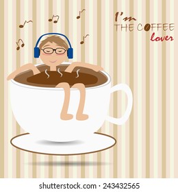 Male floating in the cup of coffee and listen to the music