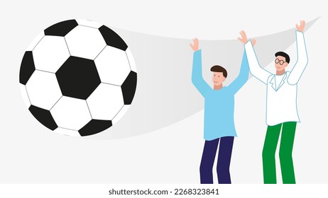 Male football fans rejoice at scoring a goal. Soccer ball close-up. Flat vector illustration