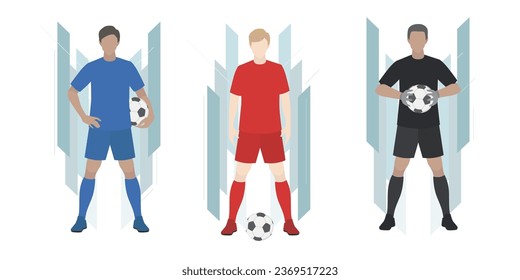 Male football players and goalkeeper standing with ball