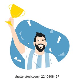 male football, soccer athlete holding trophy with happy expression, smile. half body. sport concept, champion, achievement, winner. vector flat illustration.