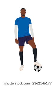 Männlicher Fußballfußballspieler mit Ball. Schwarzer junger Athletiker, der ein einheitliches Fußballspiel im Profisport trägt. Vektorgrafik-realistische Illustration einzeln auf weißem Hintergrund.