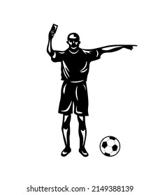 Fútbol masculino, silueta de árbitro de fútbol. Figura negra mostrando una tarjeta amarilla o roja con la mano derecha y la dirección con la izquierda.