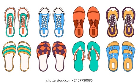 Male footwear sneakers collection in cartoon style. Hand drawn set of casual shoes, boots. Formal footwear for man foot. Vector illustration isolated on a white background.