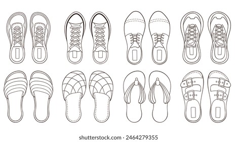 Male footwear sneakers collection in outline style. Line art set of casual shoes. Vector illustration isolated on a white background.