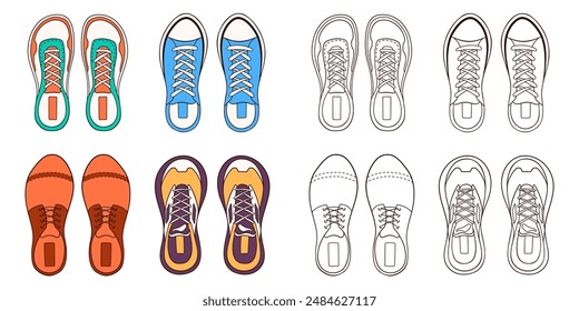 Male footwear sneakers set in cartoon style. Line casual shoes for man. Design for coloring book. Vector illustration isolated on a white background.