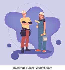 Male foreman and female painter standing together. Positive professional team in hardhats with tools working on construction site. Building works, job concept