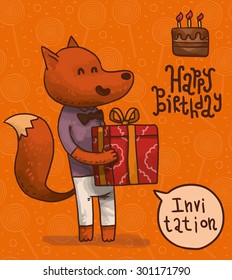 Male fox with gift, vector